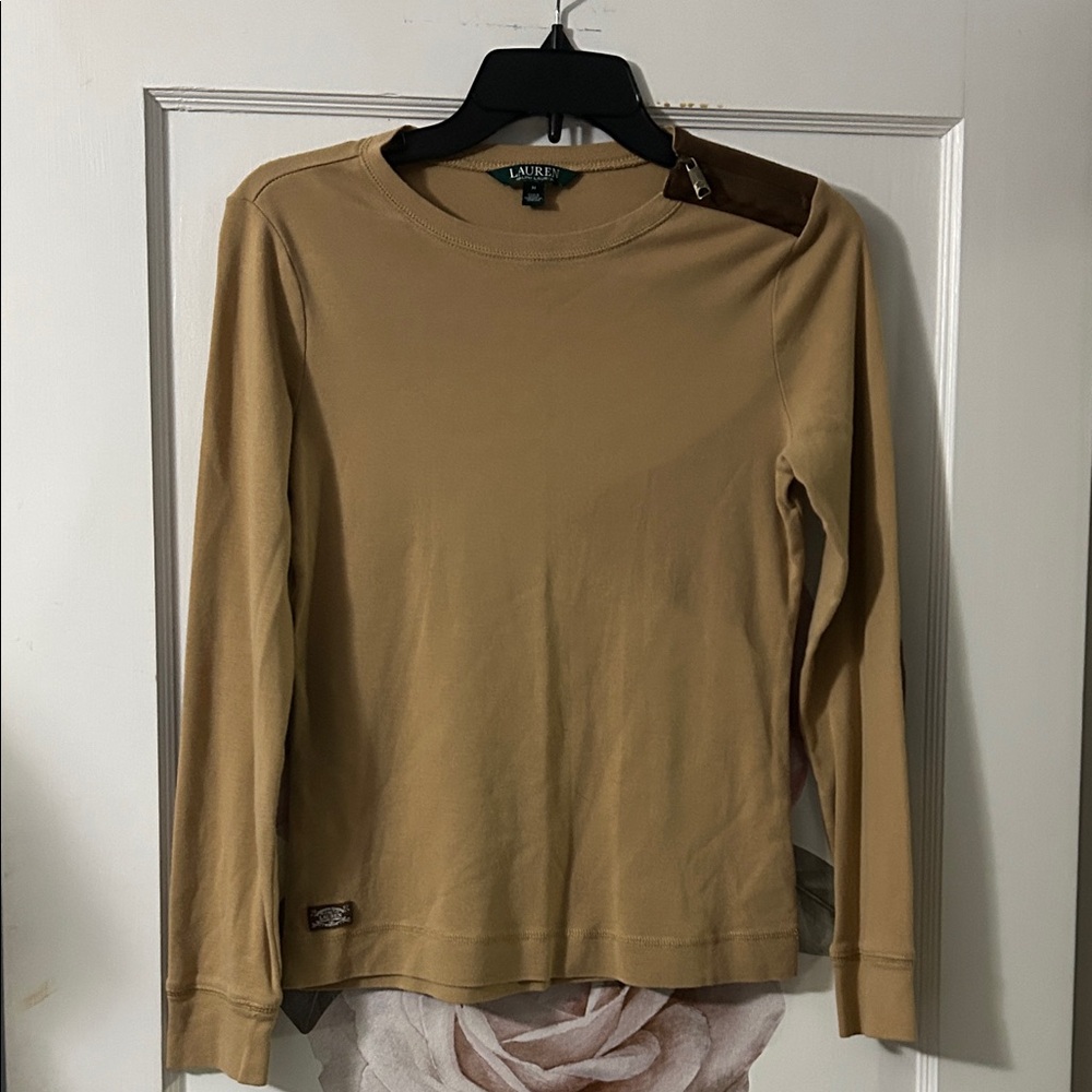 Lauren Ralph Lauren Camel Long Sleeve Crewneck with Brown Shoulder Patch